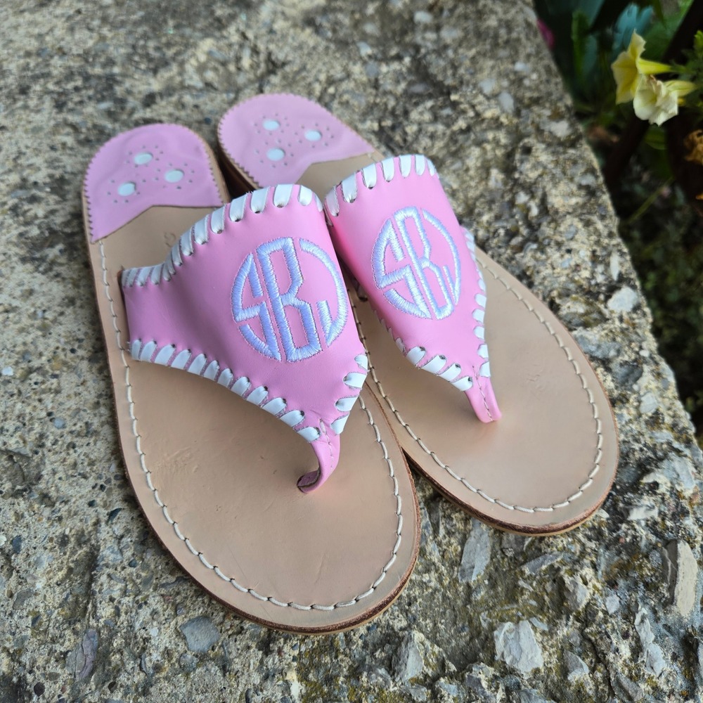 Jack Rogers Jacks Flat Sandals Pink Leather Custom Monogrammed Size 7M